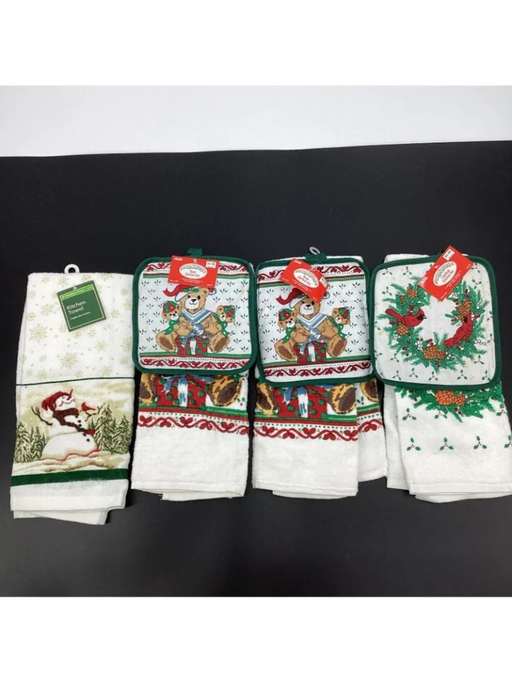 Vtg Set of 4 Holiday Christmas Sentiments Kitchen Towels & 3 Potholders 90s NWT!